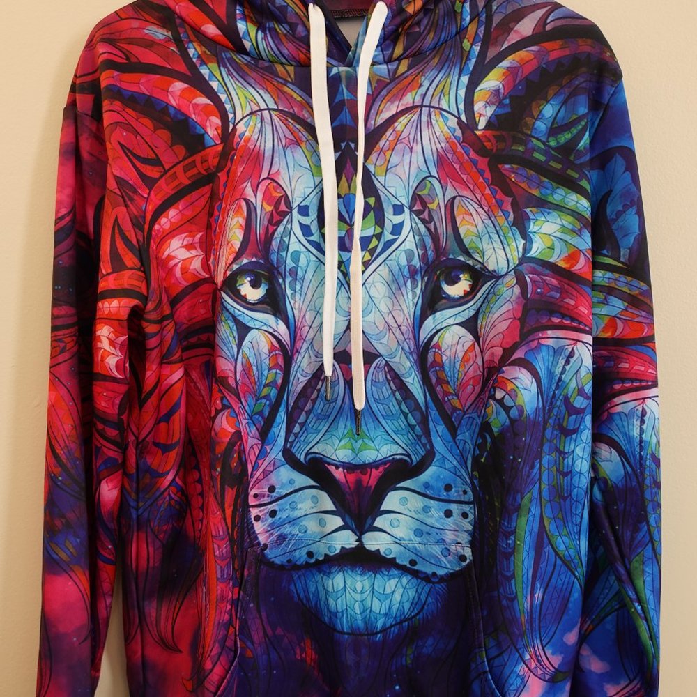 Geometric Trippy Lion Hoodie Vibrant Medium Galaxy Skateboarding EDM